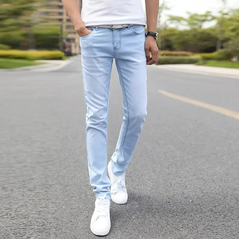 2024 New Men Stretch Skinny Jeans Male Designer Brand Super Elastic Straight Trousers Jeans Slim Fit Fashion Jeans , Sky blue