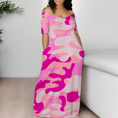 Off Shoulder Camo Maxi Dress for Women Summer Pink Print Casual Loose Fit Holiday