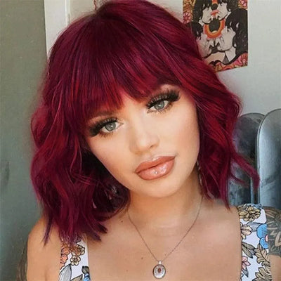 Short Wavy Bob Wigs with Bangs for Women Short Bob Curly Wig Synthetic Hair Wavy Wigs Heat Resistant Fiber Wig