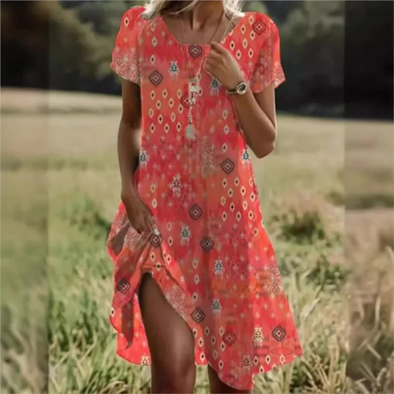 Bohemian Dresses For Women New V Neck Short Sleeve Flower Printed Beach Holiday Dress Women Midi Dresses Swing Sundress