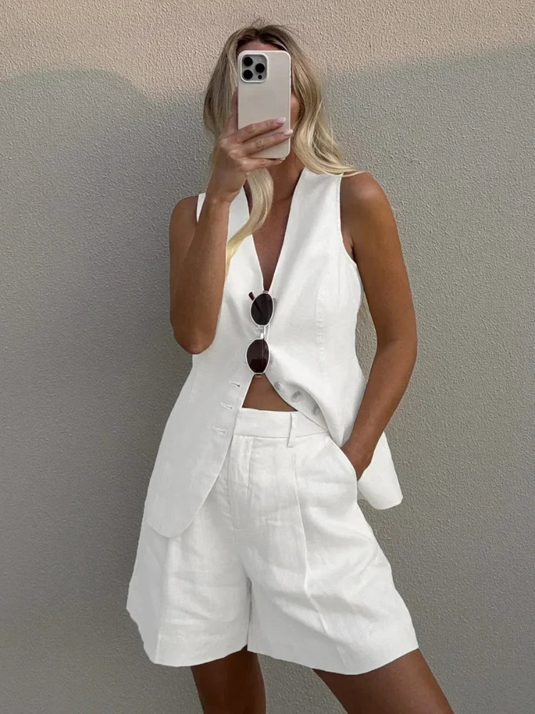 Cotton and Linen Chic Casual Vest Shorts Set Women Summer New Fashion Commuter Sleeveless Single Breasted Tank Top Shorts Suits