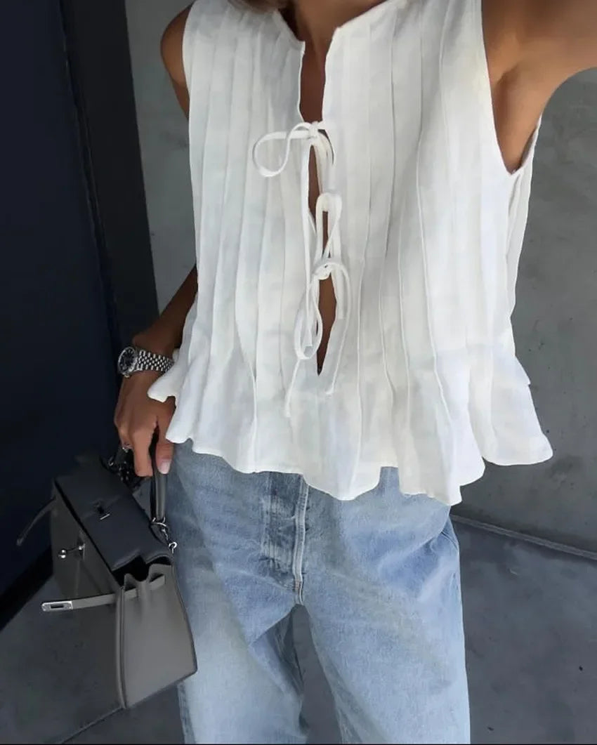 Fashion Bow Lace Up Shirts Women Cotton Linen Hollow Out Sleeveless Pleated Blouses Woman 2025 Summer New Casual Lady White Tops