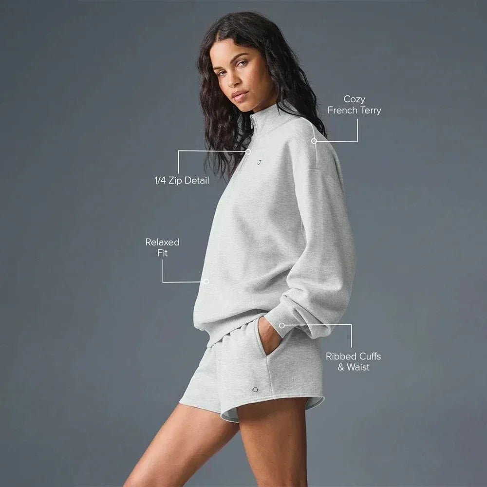 Women Sweatshirt  Accolade 1/4 Zip Pullover Yoga Leisure Top Stand Up Collar Coat Hoodie Fitness Loose Wide Leg Shorts Sport Set