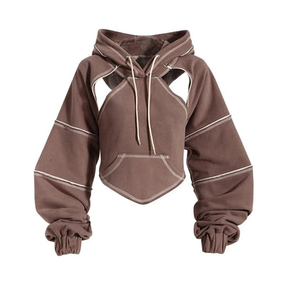Women Hooded Sweatshirt Color Clashing Bright Line Short Top Ladies Fashion Layering Hoodie Long Sleeved tops New