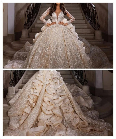 Wedding Dress Glitter Sequins Beading Appliques Cathedral Bridal Gown