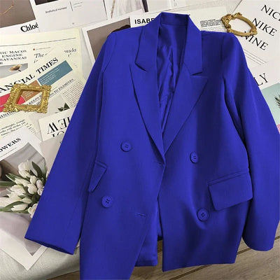 Women's Blazer Double Breasted Office Wear Suit Coats 2025 Fashion Jackets Long Sleeve Flap Pockets Chic Female Outerwear
