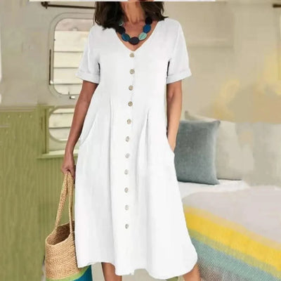 Women's Summer Casual Cotton Linen Midi Dress White  Loose Elegant Green Dresses Vestidos Платье С Декольте Jupe Longue Femme
