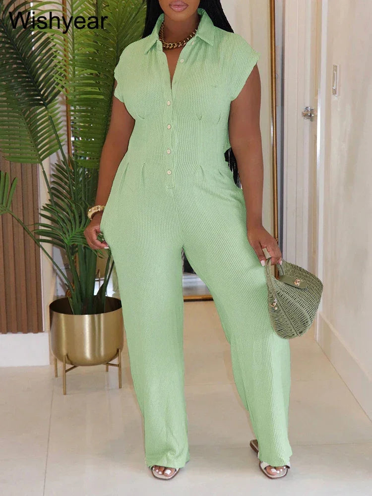 Women Casual Ribbing Loose Straight Jumpsuit Sleeveless Button High Waist One Pieces Wide Leg Rompers Summer Streetwear Overalls