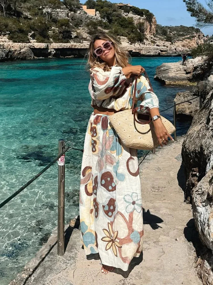 Women Elegant Printed Cotton Linen 2-piece Sets Fashion Long Sleeves Slim Fit Tops Long Skirt Set Lady Summer High Street Wear