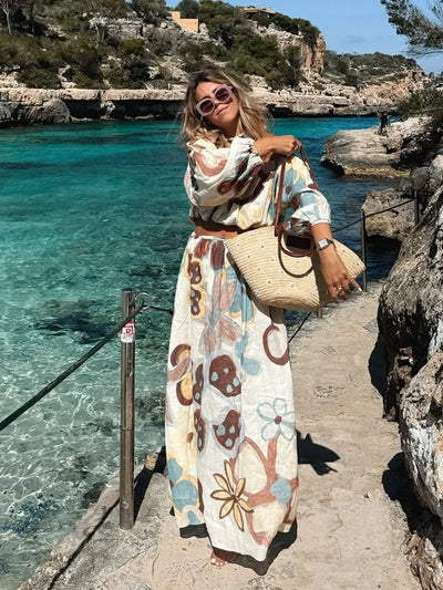 Women Elegant Printed Cotton Linen 2-piece Sets Fashion Long Sleeves Slim Fit Tops Long Skirt Set Lady Summer High Street Wear
