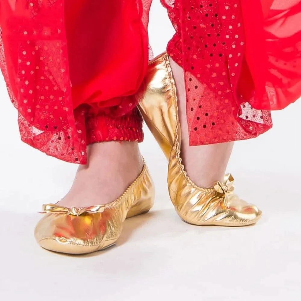 Professional Bowknot Belly Dancing Shoes Golden Foldable Indian Dance Shoes Leather Soft Ballerina Flats Children
