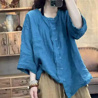 Literary Solid Cotton Linen Shirt 2025 Women Loose Casual Blouse Spring Summer Three Quarter Sleeve Raw Hem Hemp Top
