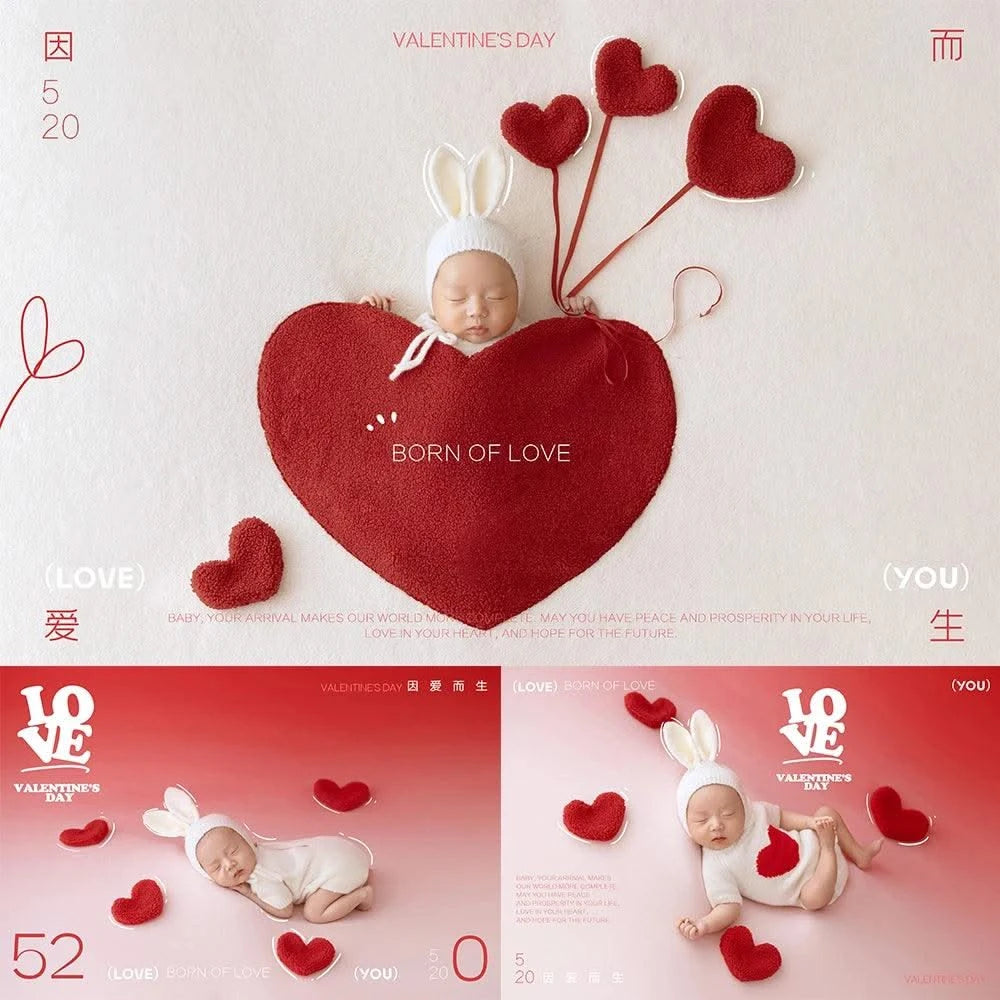 New-Baby Rabbit Costume With Cute Bunny Ear Hat & Love Shape Pocket Background Props | New-born Photography Theme Set
