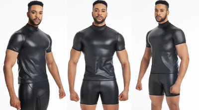Men Long Sleeve Leather Shirt Tops Slim Underwear Body Shapers Waist Trainer Corsets Tummy Shapewear Leather Shirts Stand Collar