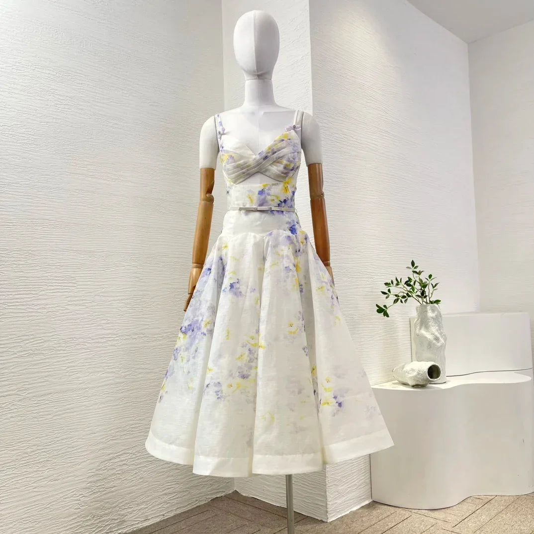 Overlap Pleats 2025 New Floral Print Linen Silk High Quality Spring Summer Sleeveless Shirred Strapless Women Midi Dress