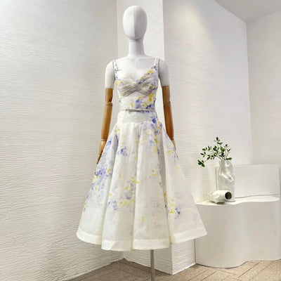 Overlap Pleats 2025 New Floral Print Linen Silk High Quality Spring Summer Sleeveless Shirred Strapless Women Midi Dress