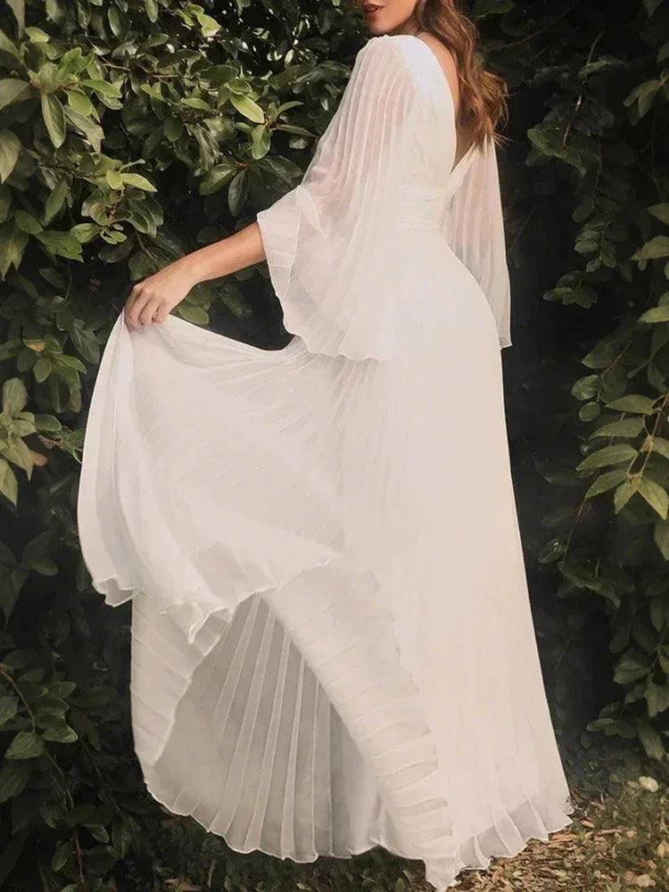 Women's Muslim Islamic  Dresses Fashion Elegant Folds Flare Sleeve Plunge Neck Maxi A-Line Evening Dresses