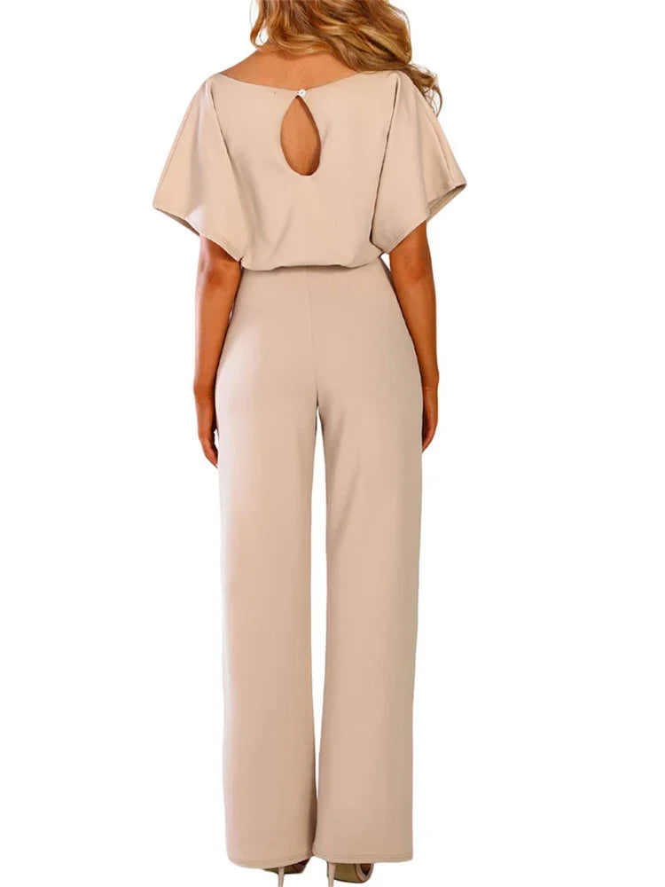 Women Jumpsuits Elegant Solid Color Flare Short Sleeve Waist Tie Wide Leg Pants Romper Summer Streetwear