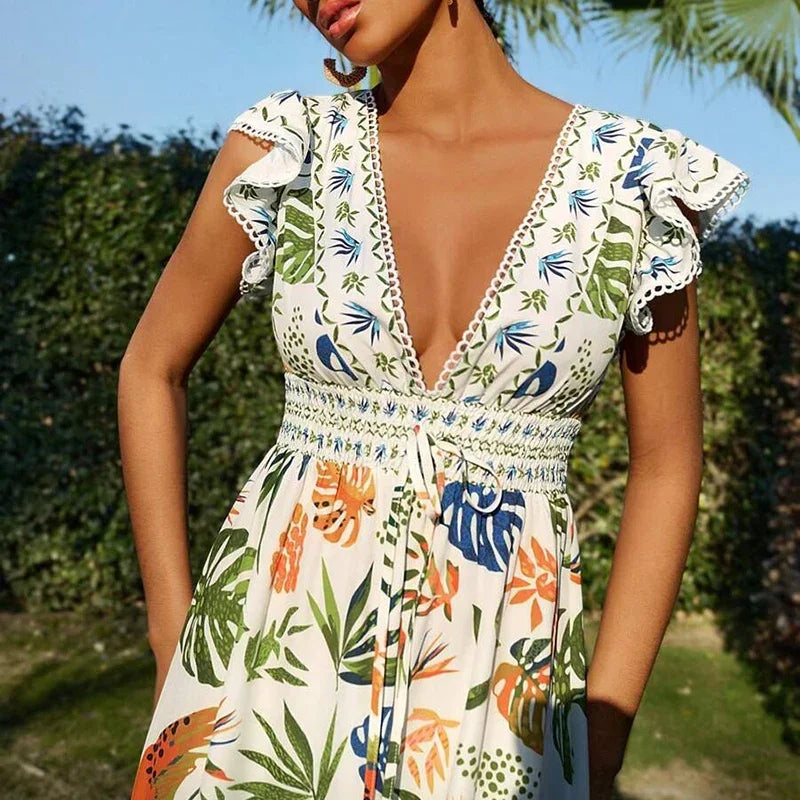 Women Summer Dress Elegant Floral Print Loose Hem Maxi Dress Spring V Neck Butterfly Sleeve Bohemian Holiday Dress Vestido Mujer