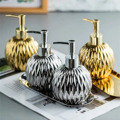 Luxury Gold Soap Dispenser with Press handle  Ceramic Dispenser Silver Dispenser with stainless steel Tray Bathroom Accessory