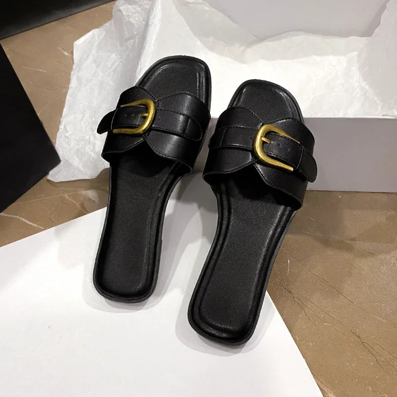 Summer Women Slippers Leather Square Toe Women Flats Flip Flops Designer Ladies Slides Sandals Women Shoes Luxury Sandals