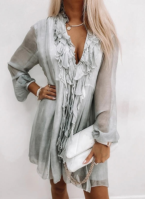 Summer Beach Dresses for Women Chiffon Ruffles Tassel Tie Up Lantern Sleeve Sexy V-Neck Loose Fit Holiday Party Dres Vestidos