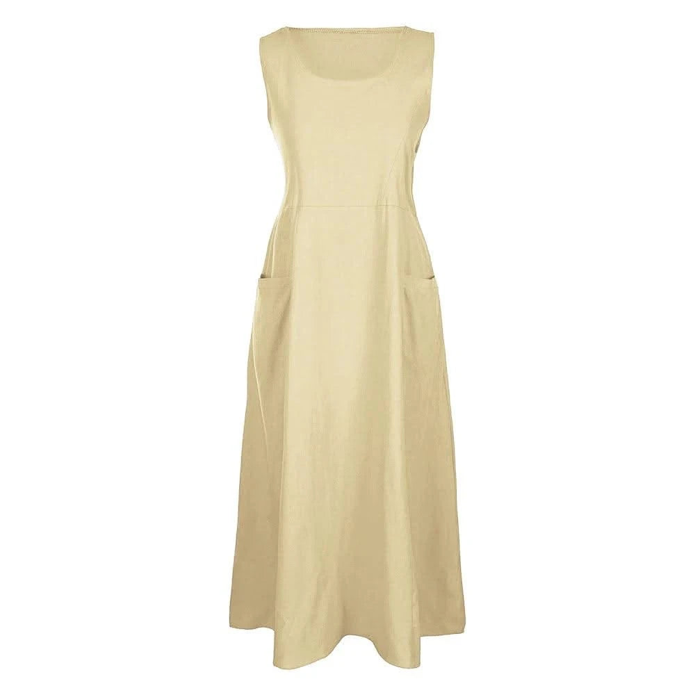 Cotton Linen Sleeveless Dress for Women Summer Pullover Skirt Vestidos Fashion Female Clothing Short Sleeved Loose Long Dress