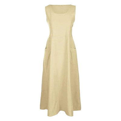 Cotton Linen Sleeveless Dress for Women Summer Pullover Skirt Vestidos Fashion Female Clothing Short Sleeved Loose Long Dress