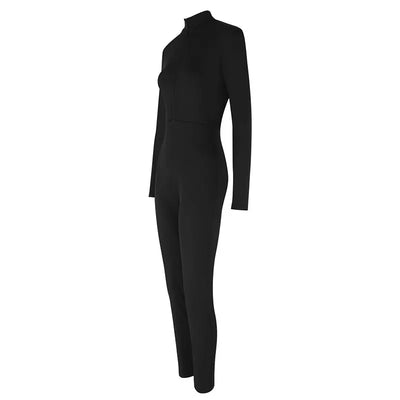 Women New Jumpsuits Spring Fashion Streetwear Long Sleeves Half High Collar Zippers Bodycon Rompers Black Sexy Female Jumpsuits