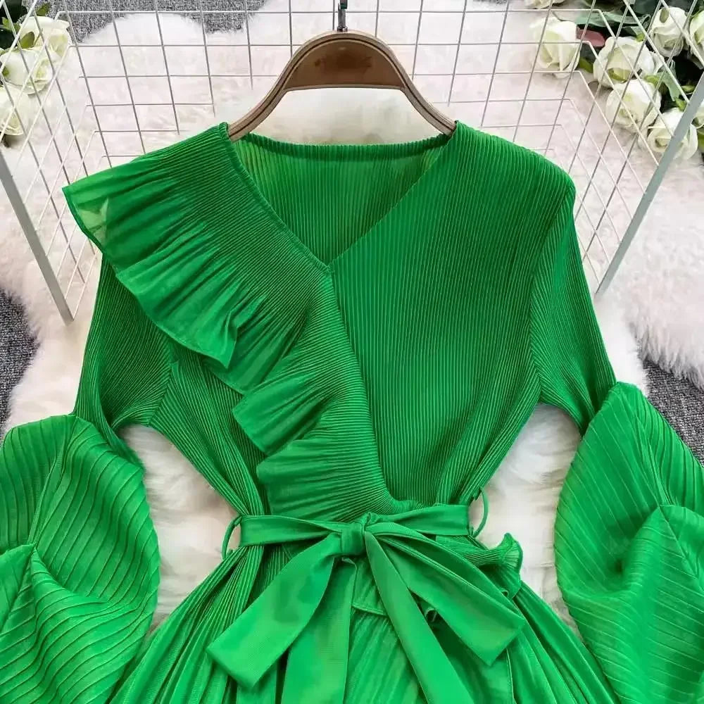 Women's V Neck Ruffles Splice Lantern Sleeve High Stretch Oversized Dresses Miyake Maxi Pleated 2025 Spring Long Party Clothing