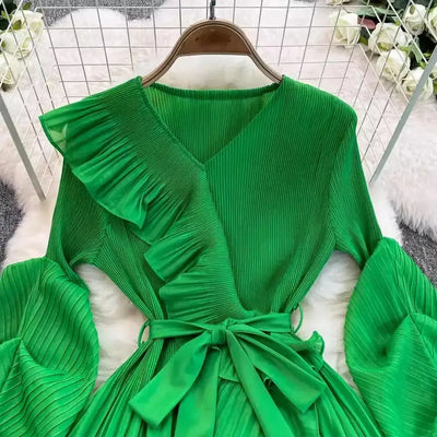 Women's V Neck Ruffles Splice Lantern Sleeve High Stretch Oversized Dresses Miyake Maxi Pleated 2025 Spring Long Party Clothing