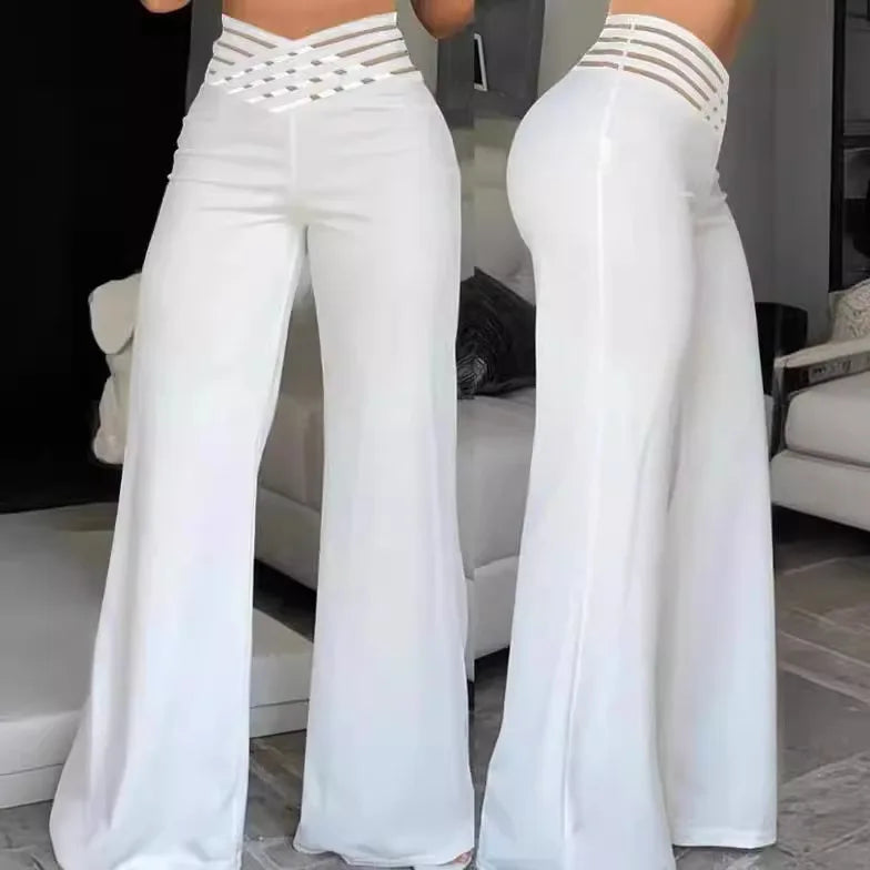 Women Wide Leg Flared Pants Autumn Casual Crisscross Sheer Mesh Patch High Waist Trousers Y2k Streetwear Elegant Work Pant