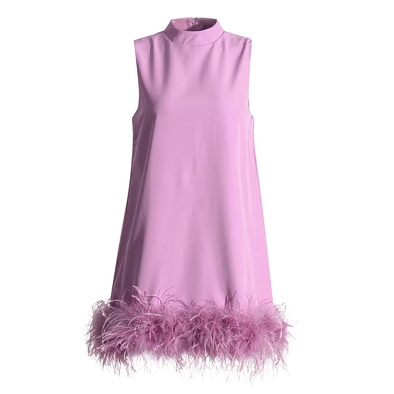 A-line Skirt 2025 Spring New Style Stand-up Collar Sleeveless Solid Color Feather Stitching Dress for Women