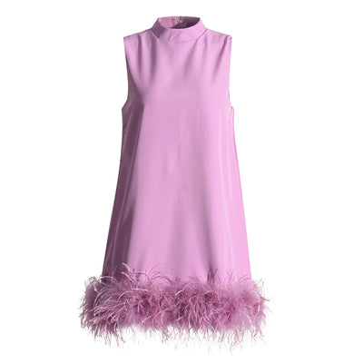 A-line Skirt 2025 Spring New Style Stand-up Collar Sleeveless Solid Color Feather Stitching Dress for Women