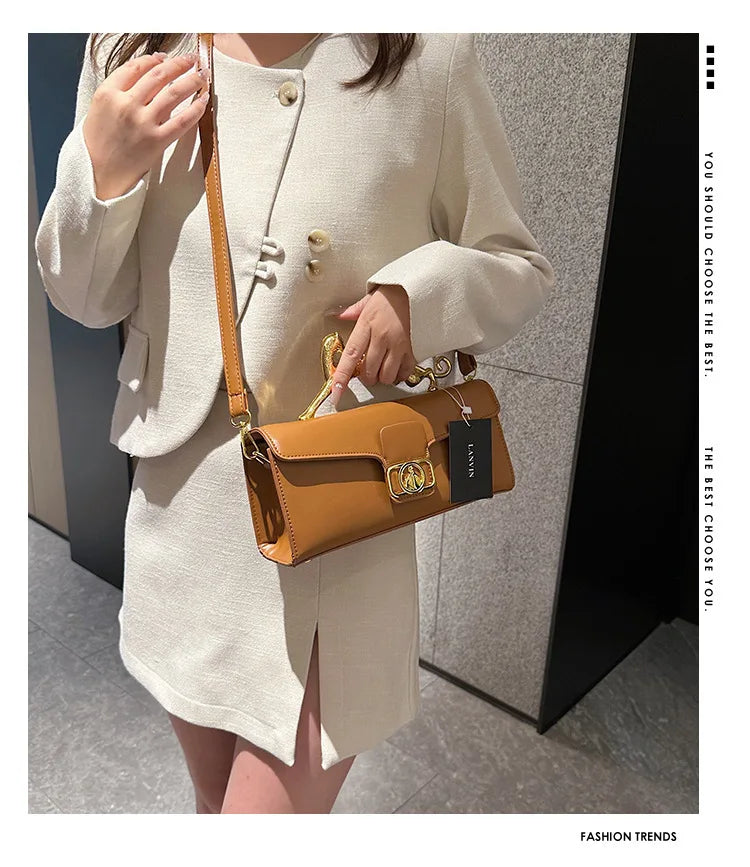 Women's Handbag New Bags For Women Metal Handle Leather Famous Brand Designer Crossbody Fashion Trend Shoulder Bag