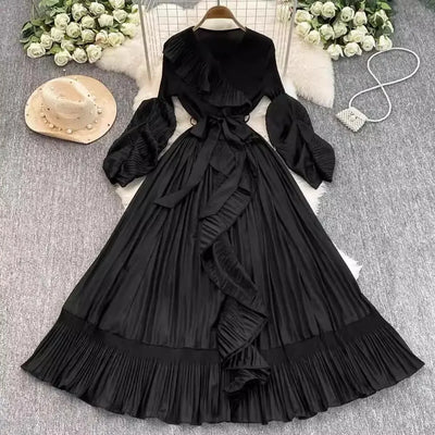 Women's V Neck Ruffles Splice Lantern Sleeve High Stretch Oversized Dresses Miyake Maxi Pleated 2025 Spring Long Party Clothing