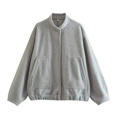 Woman's Oversized Bomber Jacket Autumn New Round Neck Long Sleeve Pocket Hidden Button Loose Jackets Coat Female Outerwear