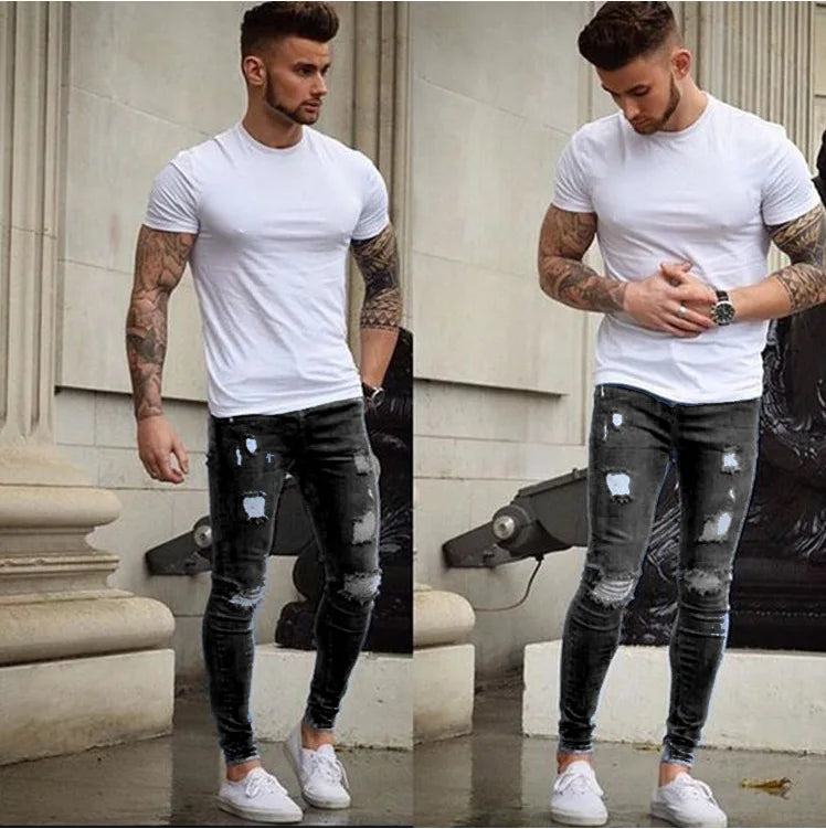 Men Jeans Denim Pencil Pants Distressed Mid Waist Sheath Ankle Length Zipper Fly Pockets Slim Washing High Street 2024