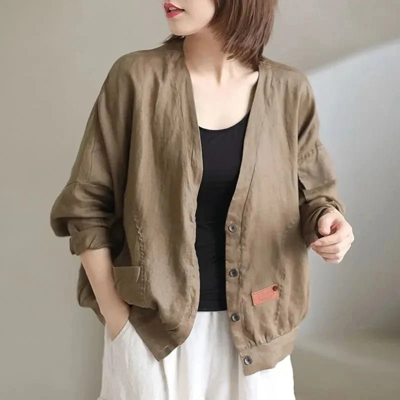 Fashion Cotton Linen Short Jacket For Women Spring Autumn New  Retro Loose V-Neck Thin Casual Top Coat Sunscreen Clothing