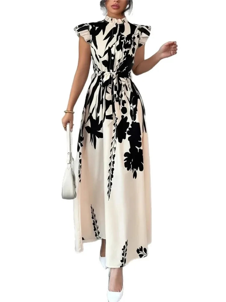 Summer Dress Women Flower Floral Print Fashion Elegant Ladies Dresses Slim High Waist Ruffle Pleated Woman Dress