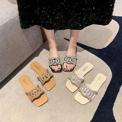 Summer Sandals for Women Flat Sandal Sparkle Rhinestone Slide Trendy Women's Beach Sparkly Dressy Slip on Bling Casual Shoes
