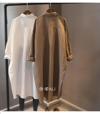 Cotton Linen Women Medium-Length White Polo Shirt Women Large Size Women Clothing Spring Autumn Design Niche Long-Sleeved Shirt