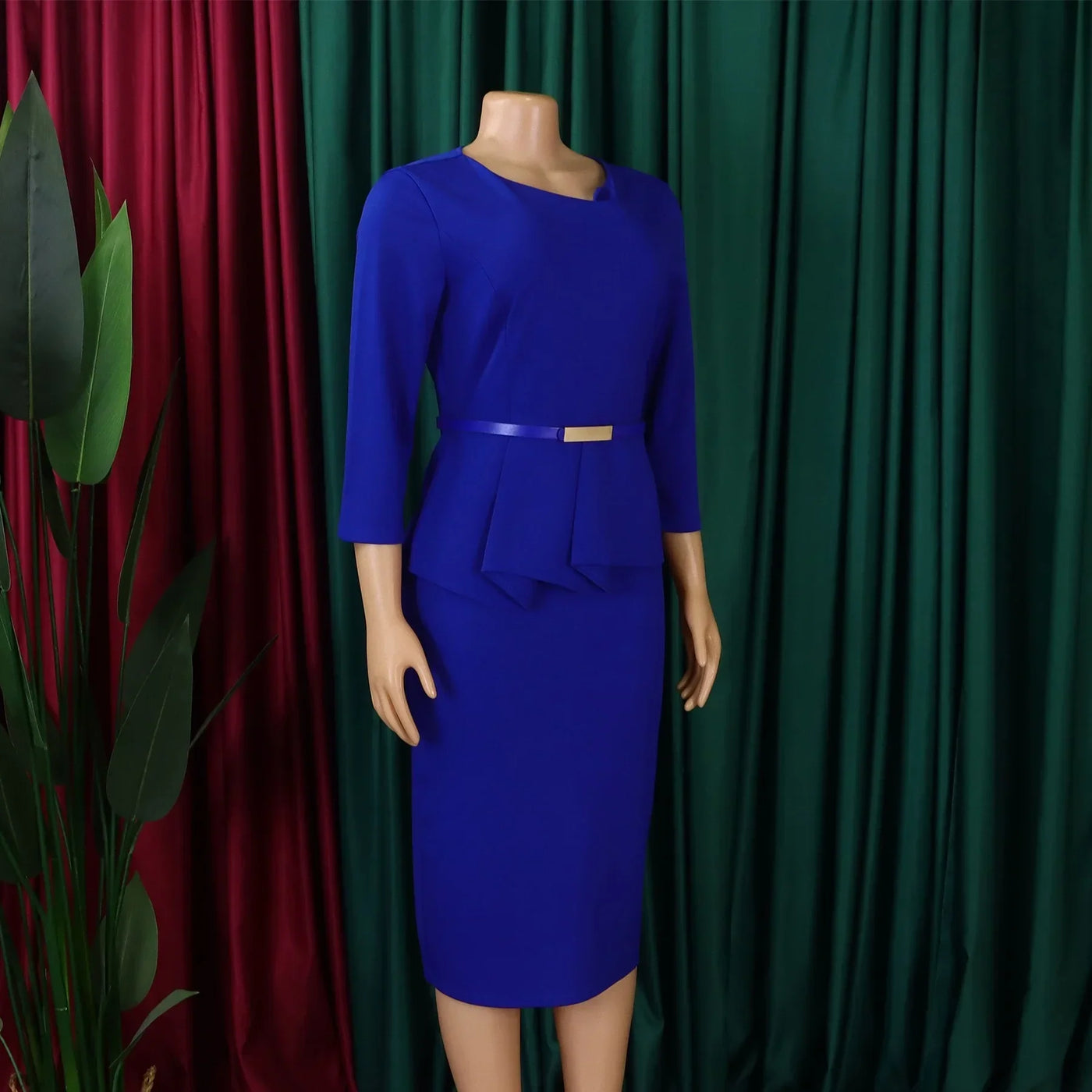 Dress Office Wear for Women Professional Skew Collar Three Quarter Sleeve Belt Waisted Sheath Package Hips Mid Calf Formal Dress