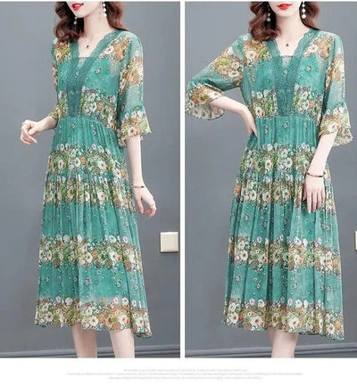 Women's floral print summer dress, new long dress for luxury middle-aged women