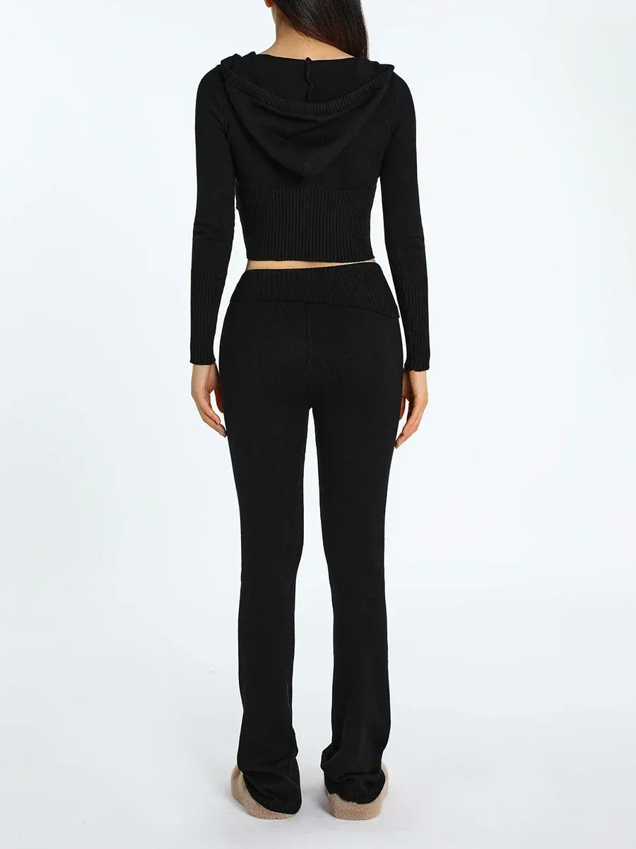 Women Tracksuit  Knit Lounge Set Long Sleeve Zip Up Hoodie with High Waist Wide Leg Pant 2 Piece Sweater Ensemble Casual Set