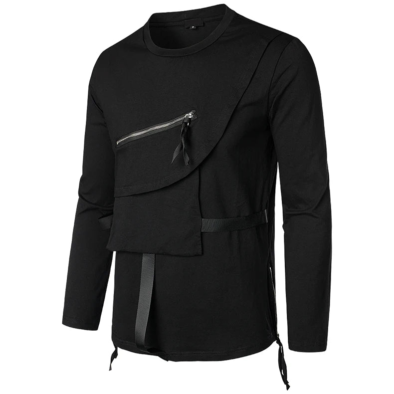 Men Clothing T Shirt High Street Streamer Functional Tactics Personalized Zipper Crewneck T-shirts Black Hip Hop Punk Camisetas