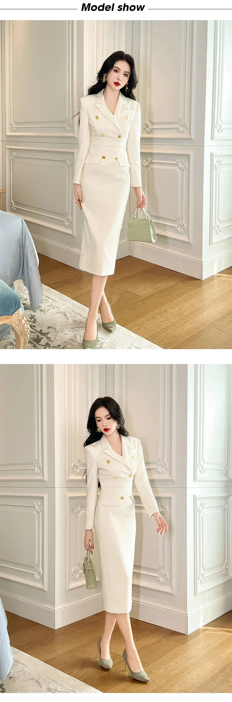 Fashion Elegant Midi Dress Women's Professional Business Style Long Sleeve Double Breasted Slit Robe Office Lady Work Vestidos