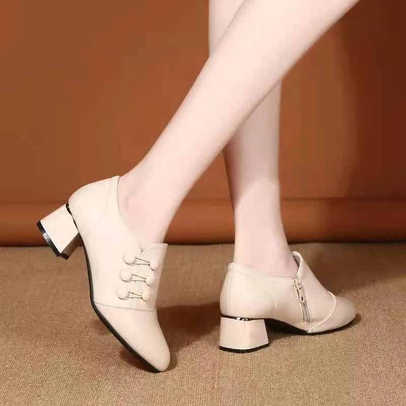Women's Boots 2025 New Casual Leather Shoes for Women Comfort Office Low Boots Pointed Toe Ladies High Heels Red Wedding Shoes