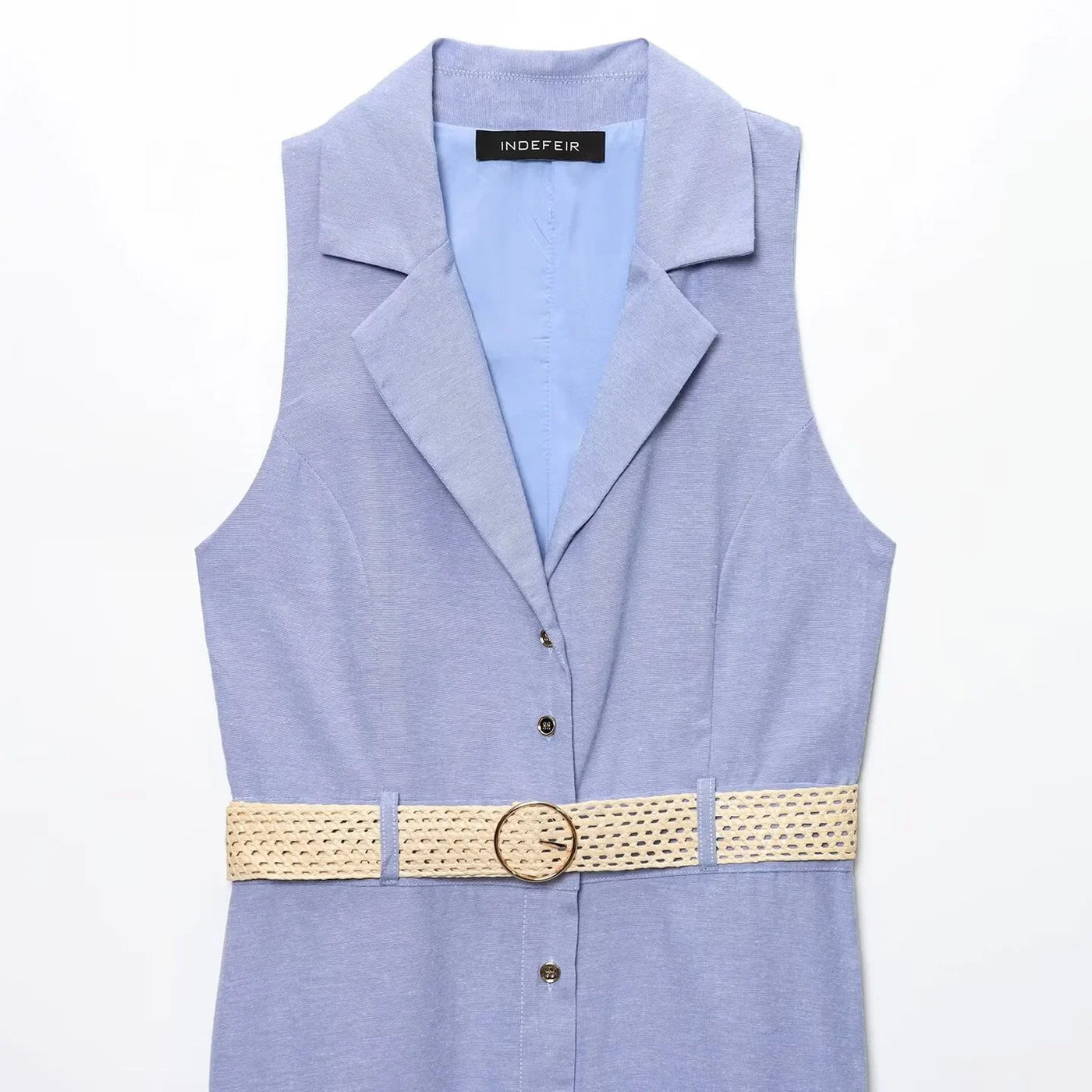 Women's Midi Dresses New Summer 2025 Blue Sleeveless Blend Midi Dress Belt Linen Blended Midi Dress Casual V Neck Dress