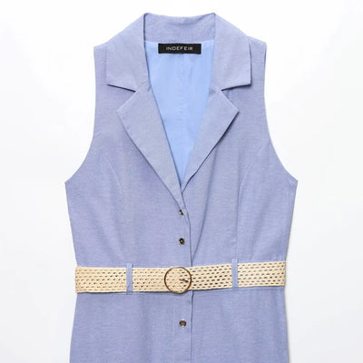 Women's Midi Dresses New Summer 2025 Blue Sleeveless Blend Midi Dress Belt Linen Blended Midi Dress Casual V Neck Dress